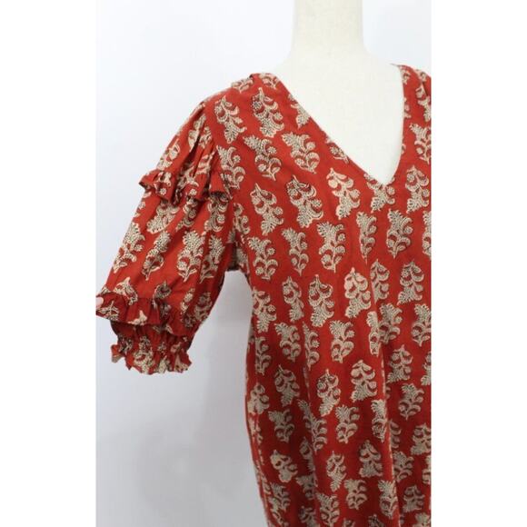 ANNA CATE Sz L Large Rust Rose Floral Cotton Block Print Dress - Picture 7 of 10
